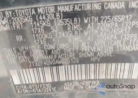 2010 Toyota Rav4 from USA, damaged, VIN 2T3ZF4DV0AW025139